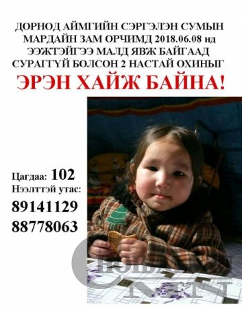 Хоёр настай хүү сураггүй алга болоод найм хонож байна
